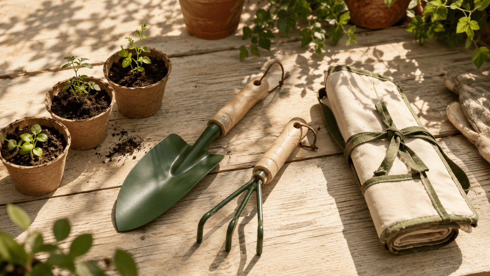 A garden hand-tool kit and seedling pots spread across a sunlit wooden table