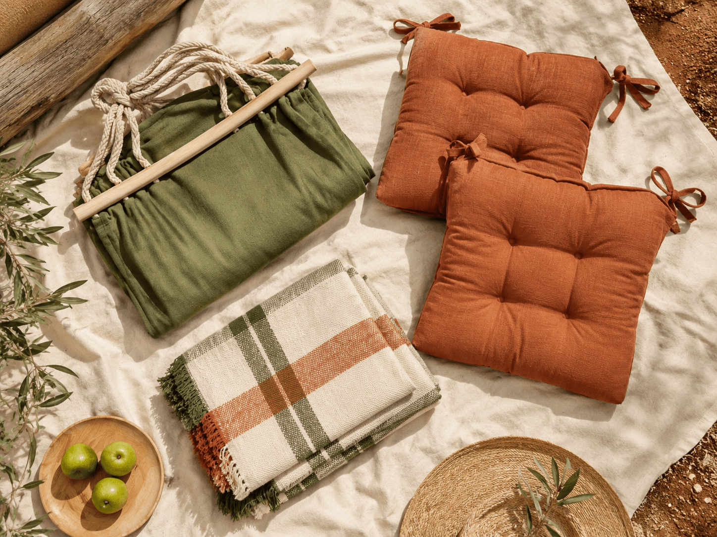 Backyard Lounge Set — Portable hammock, Outdoor seat cushions x2, Folding picnic blanket