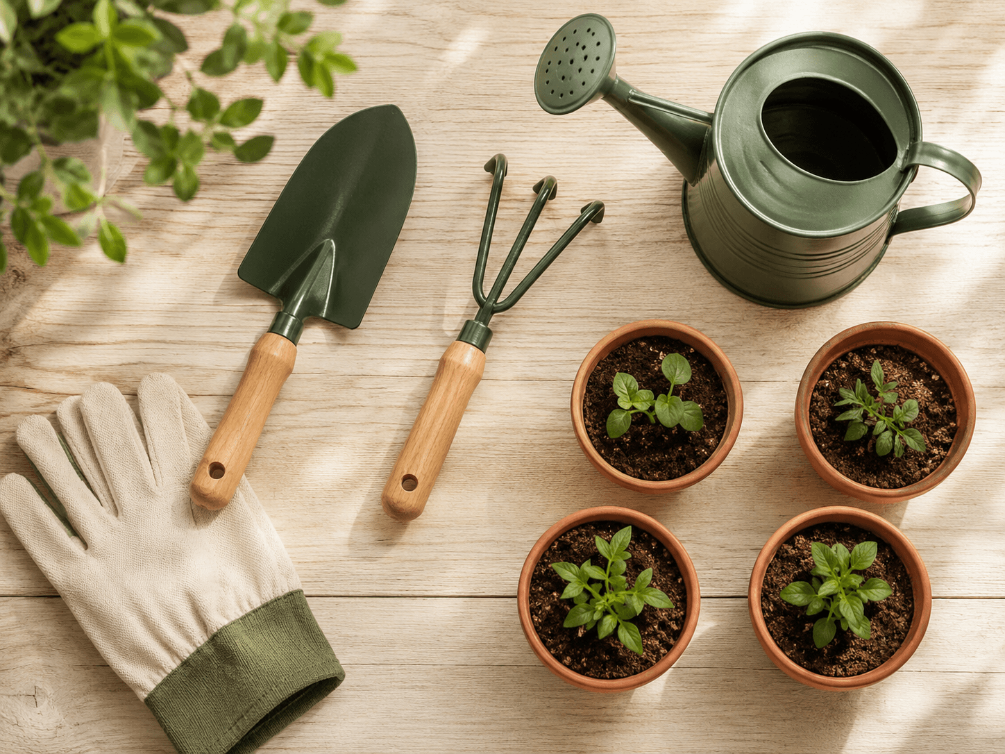 Balcony Grower Kit — Hand trowel, Cultivator rake, Watering can, Gardening glove x1, Seedling pots x4