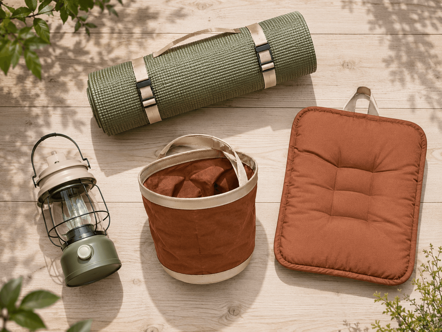 Campsite Comfort Kit — Sleeping mat, Camping lantern, Collapsible bucket, Outdoor seat cushion x1