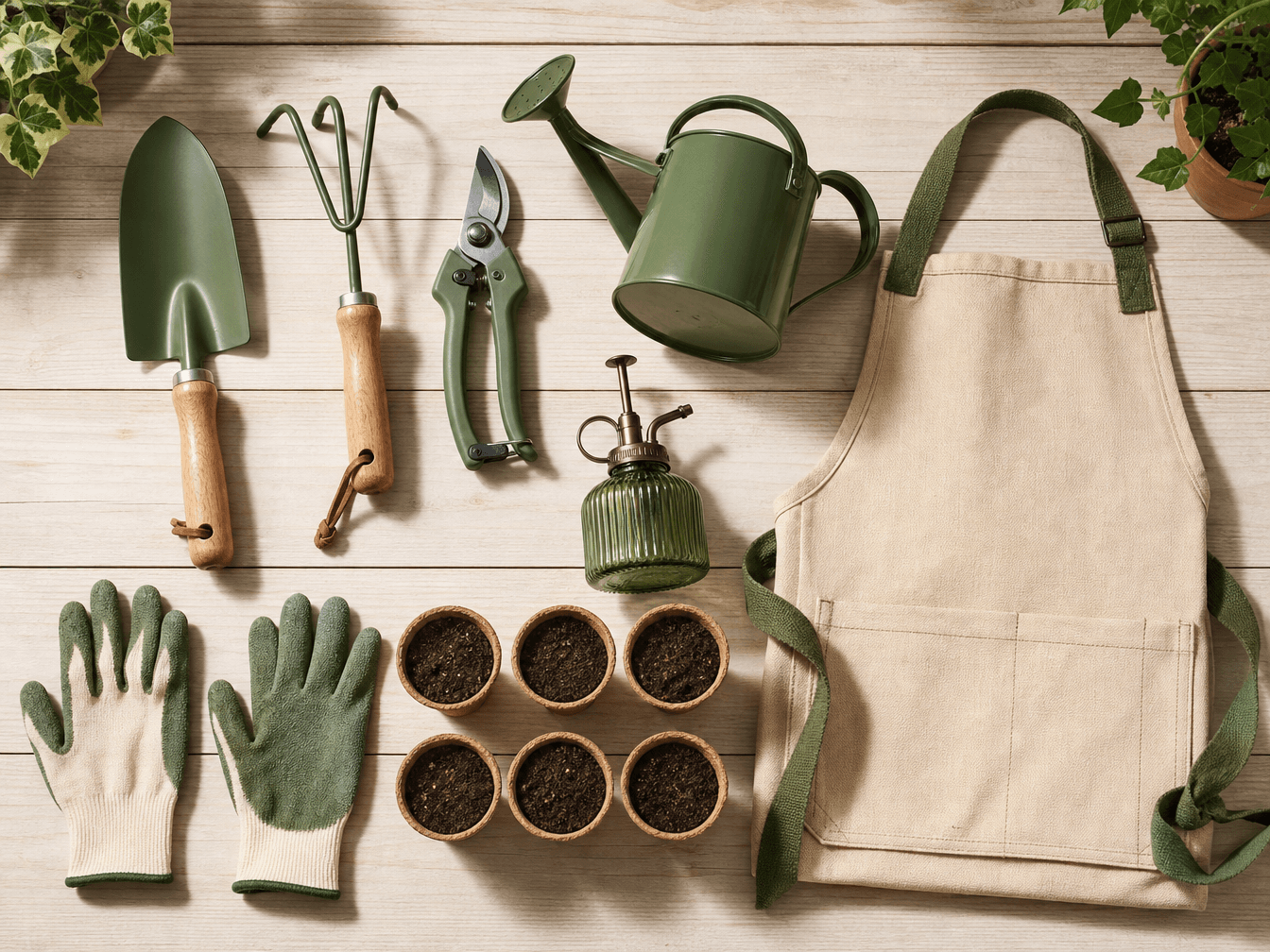 Complete Garden Starter — Hand trowel, Cultivator rake, Pruning shears, Watering can, Watering mister, Gardening glove x2, Seedling pots x6, Garden storage apron