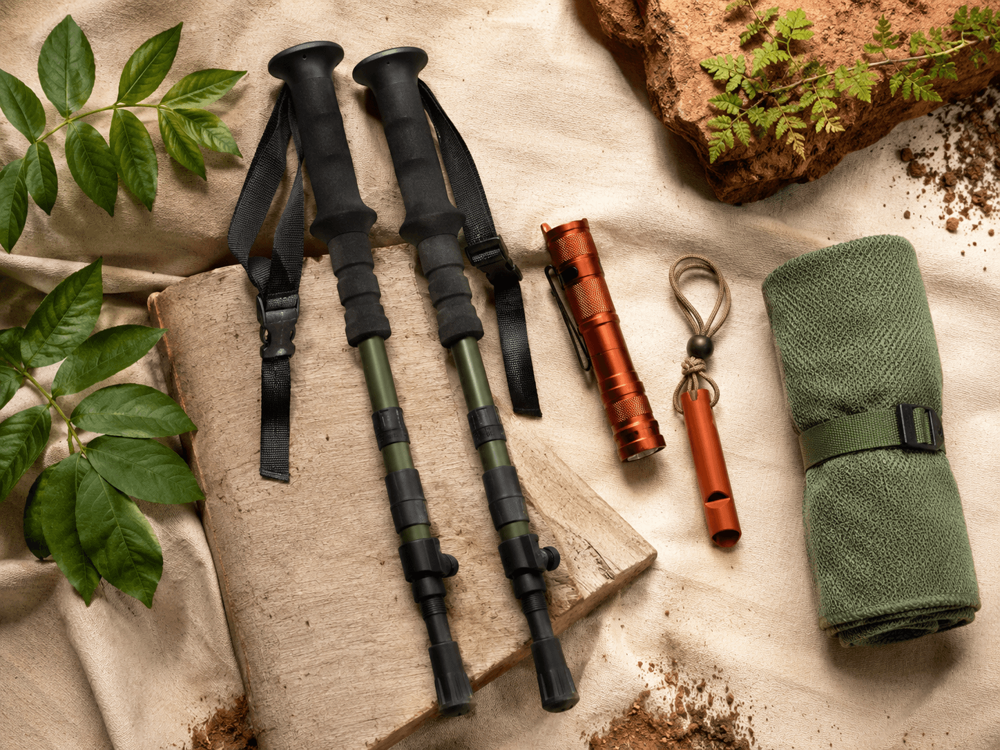 Day-Hike Companion — Trekking poles x2, Bright flashlight, Emergency whistle, Compressed towel