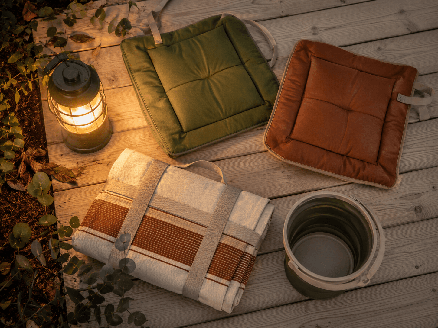 Garden-to-Firepit Evening Set — Camping lantern, Outdoor seat cushions x2, Folding picnic blanket, Collapsible bucket