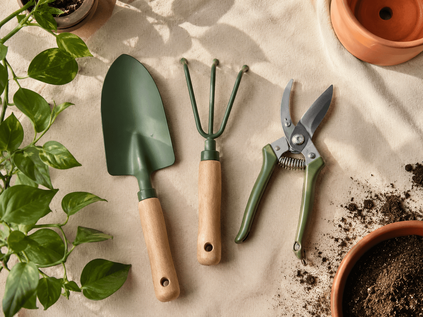 Hand-Tool Trio — Hand trowel, Cultivator rake, Pruning shears