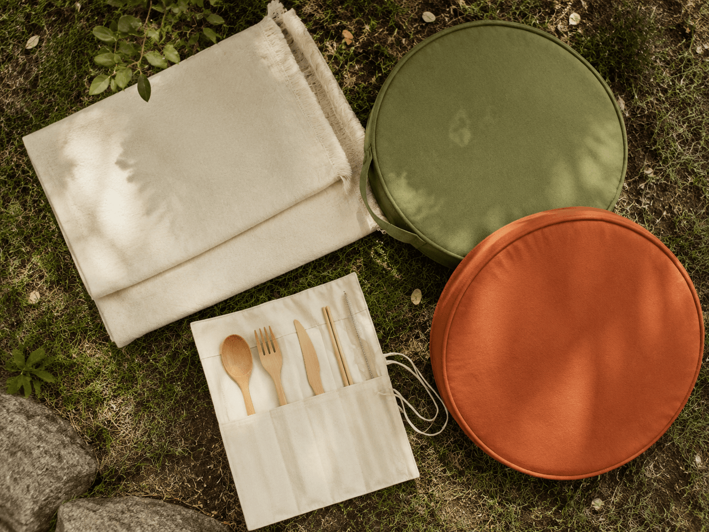 Picnic-in-the-Park Set — Folding picnic blanket, Outdoor seat cushions x2, Outdoor cutlery set