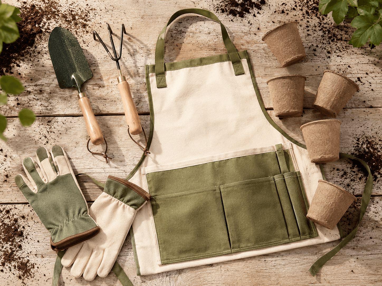 Raised-Bed Builder's Kit — Hand trowel, Cultivator rake, Gardening glove x2, Garden storage apron, Seedling pots x6