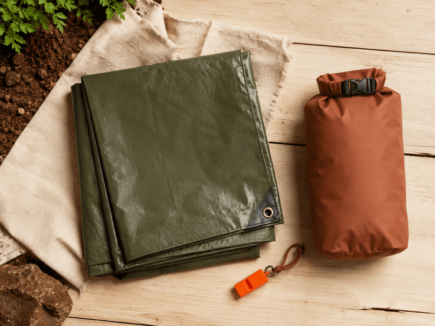 Shade & Shelter Kit — Tarp canopy sheet, Waterproof storage bag, Emergency whistle