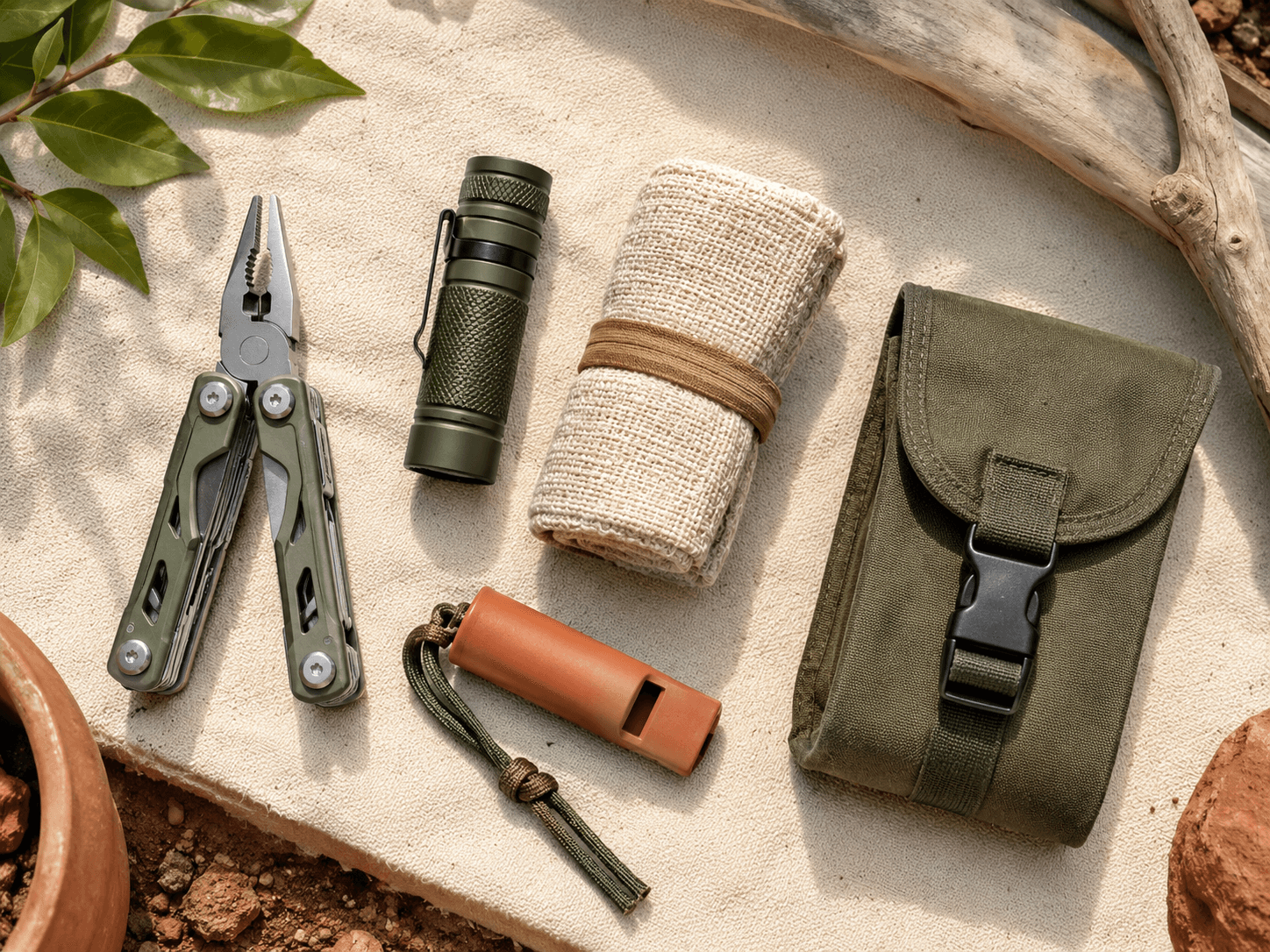 Trail Essentials Pouch — Multi-tool plier, Bright flashlight, Compressed towel, Emergency whistle
