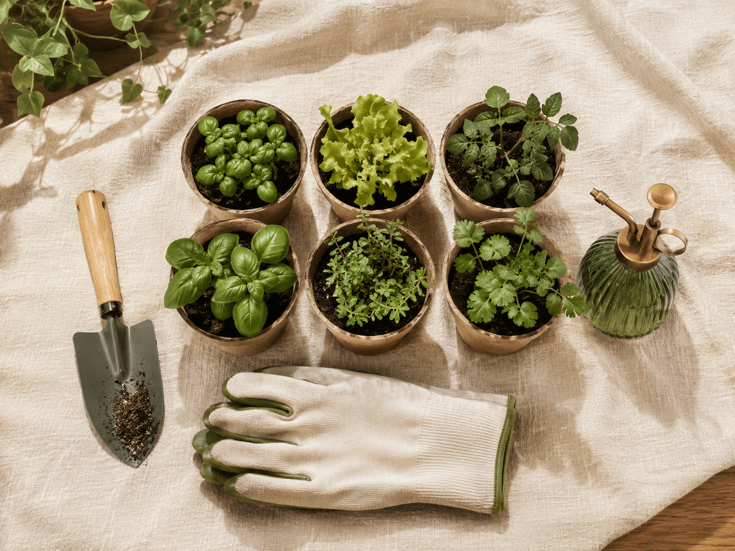Windowsill Starter Set — Seedling pots x6, Mini hand trowel, Mini watering mister, Gardening glove x1